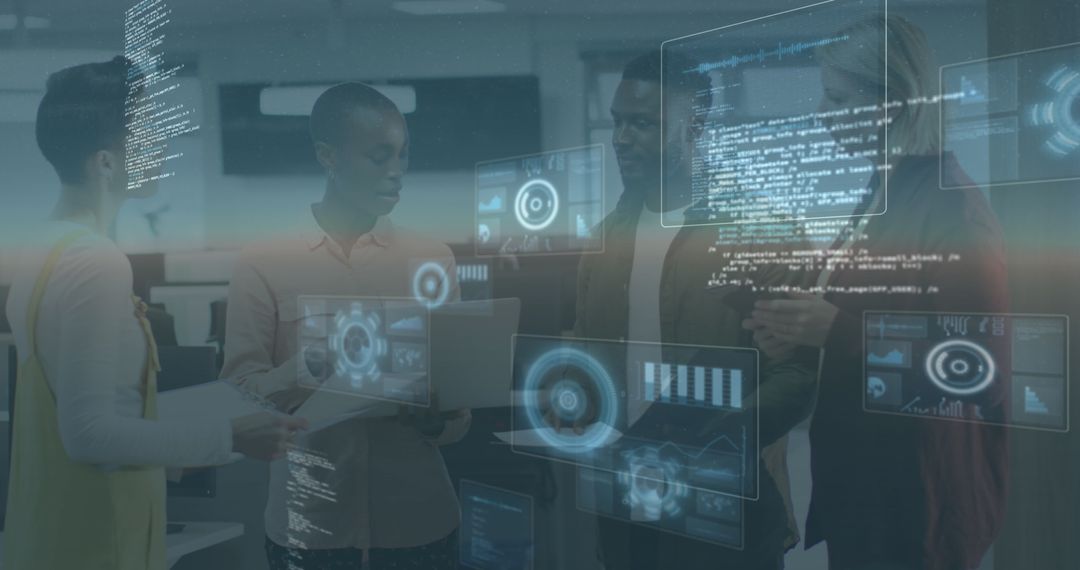 Diverse Team Analyzing Tech Data in Modern Office