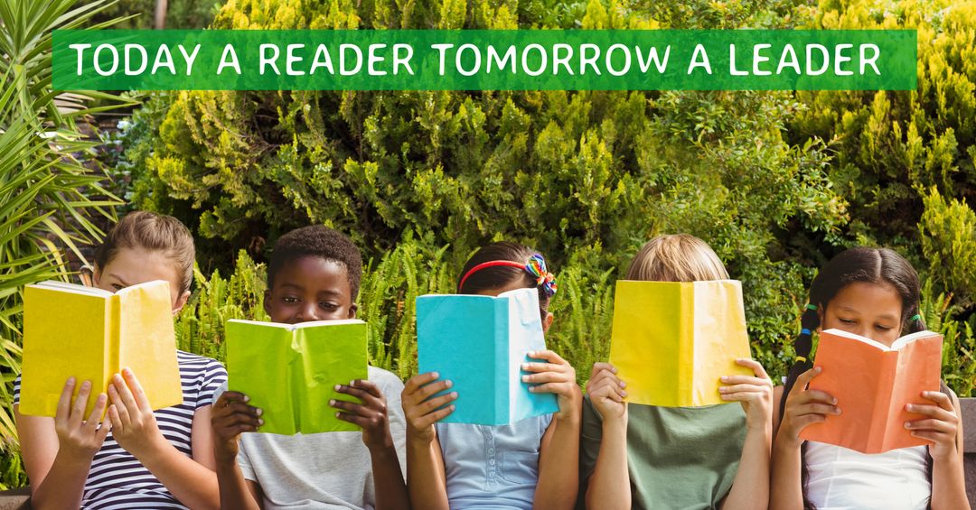 Diverse Children Enthralled in Colorful Books Amid Lush Greenery