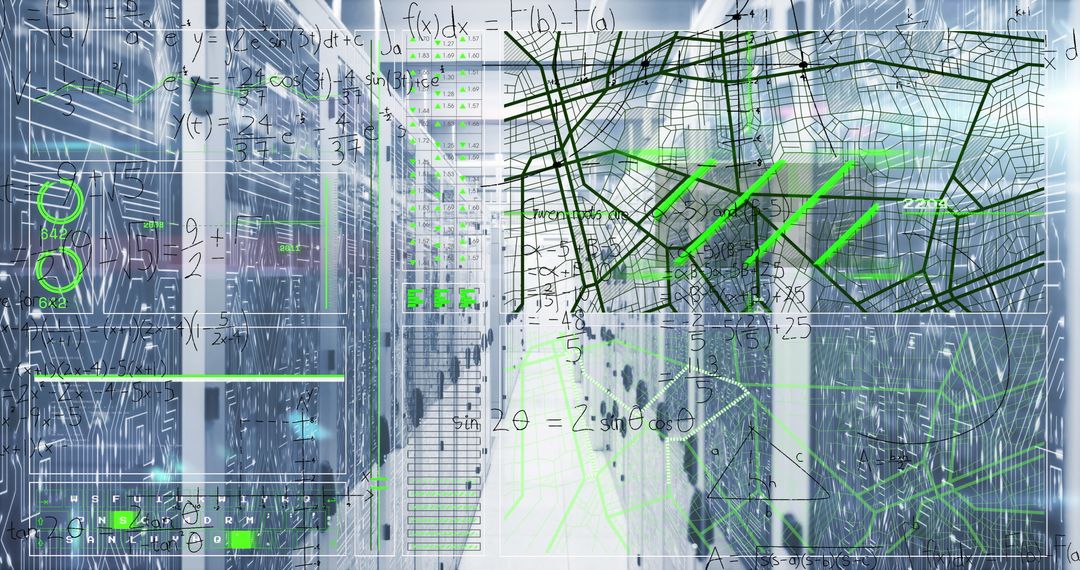 Futuristic Data Center Aisle with Digital Overlay & Math Equations