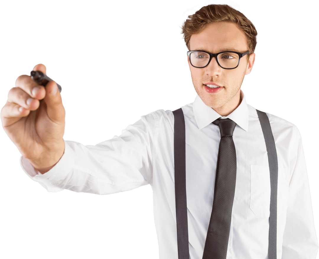 Transparent Geeky Businessman Writing in Air with Marker