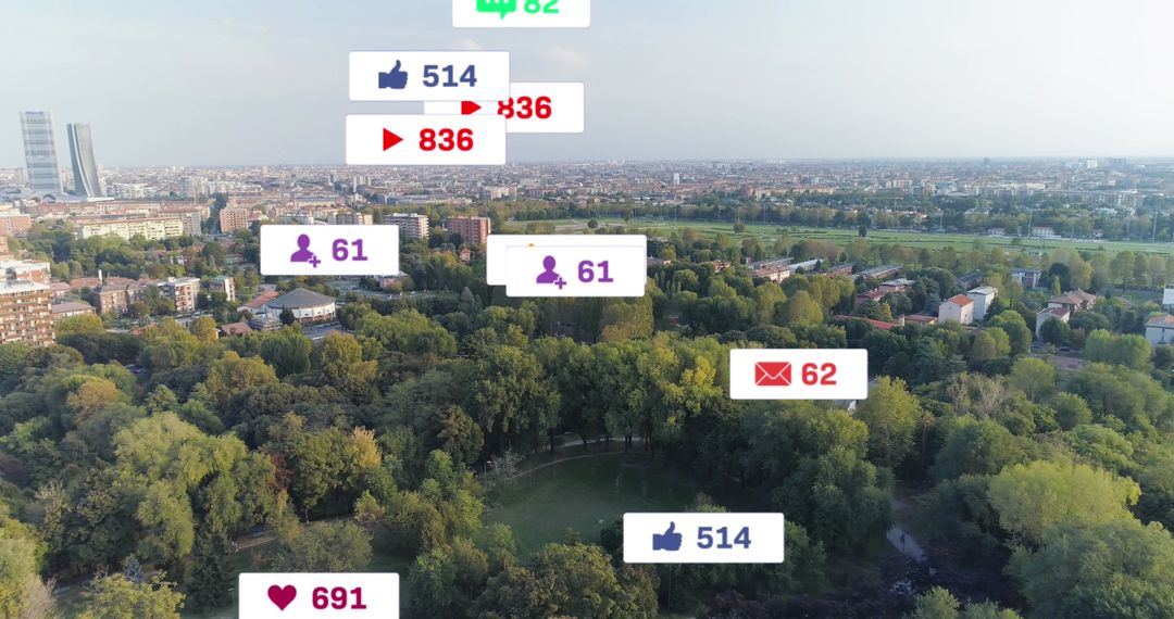 Digital Social Media Icons Overlay Cityscape Promoting Connectivity