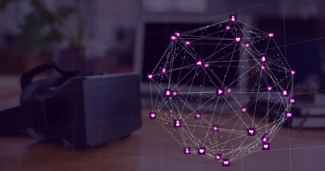 Futuristic Digital Interface with VR Headset and Globe Icons