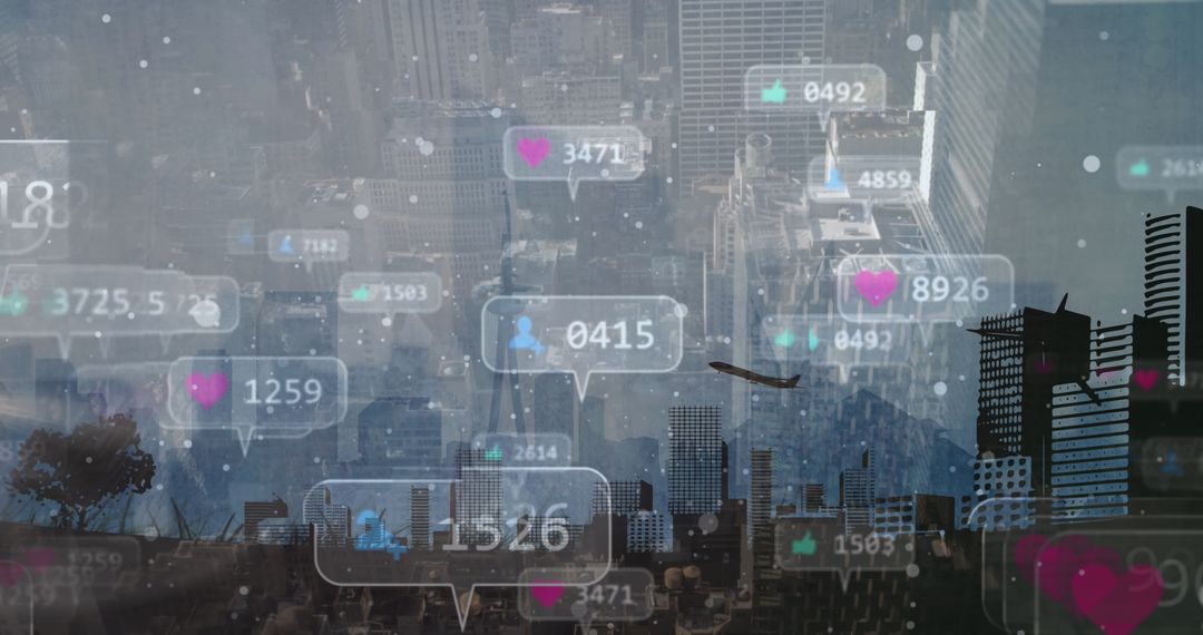 Social Media Icons Overlaying Modern Cityscape with Global Connections