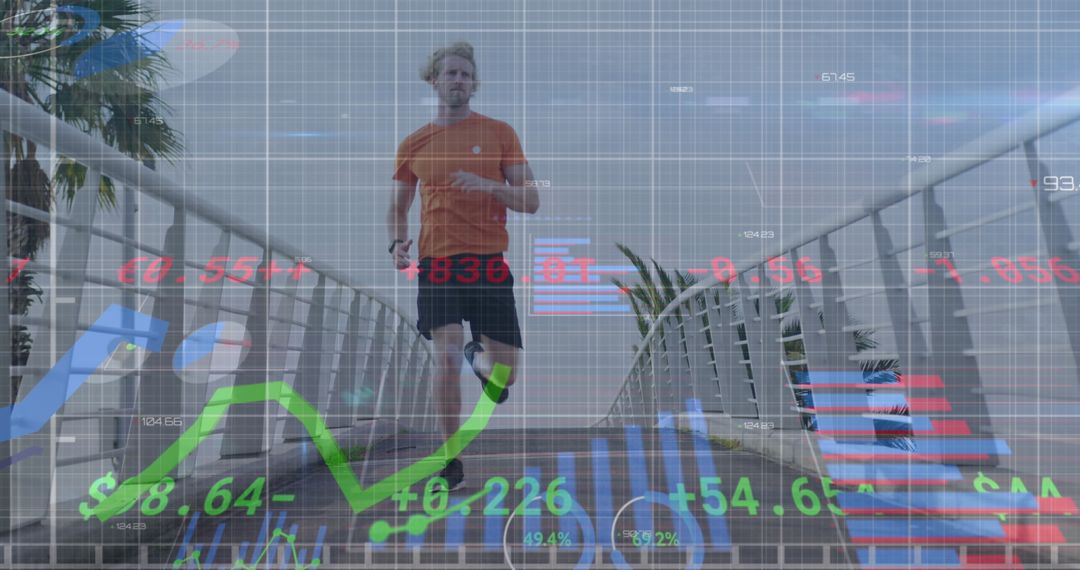 Caucasian Man Running with Financial Data Overlay