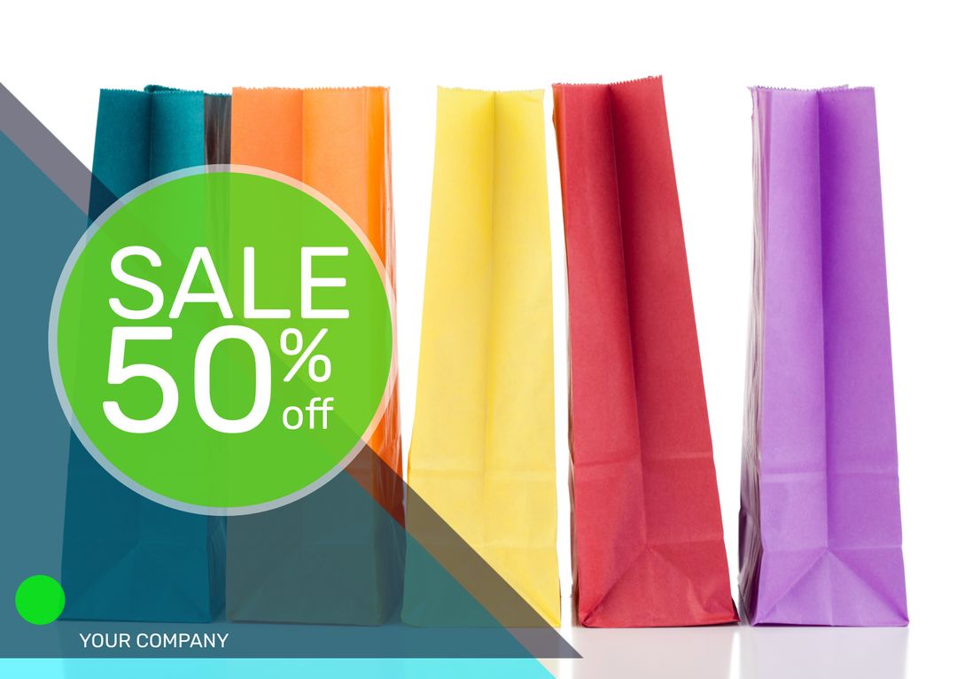 Colorful Shopping Bags Featuring 50 Percent Off Retail Sale Promotion