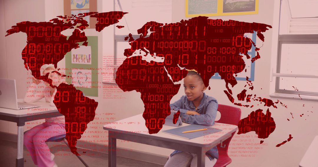 Student in Classroom with Binary Map Background Integrating Technology