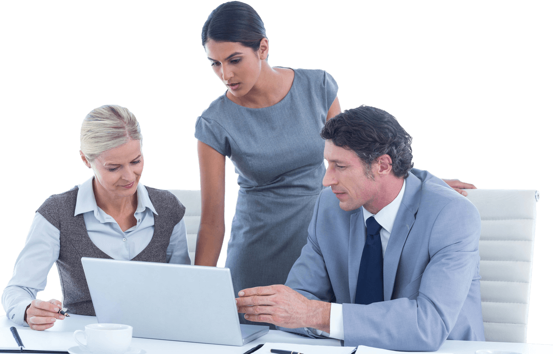 Transparent Business Team Collaborating Over Laptop