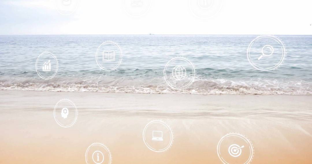 Digital Technology Icons Overlay on Tranquil Seashore