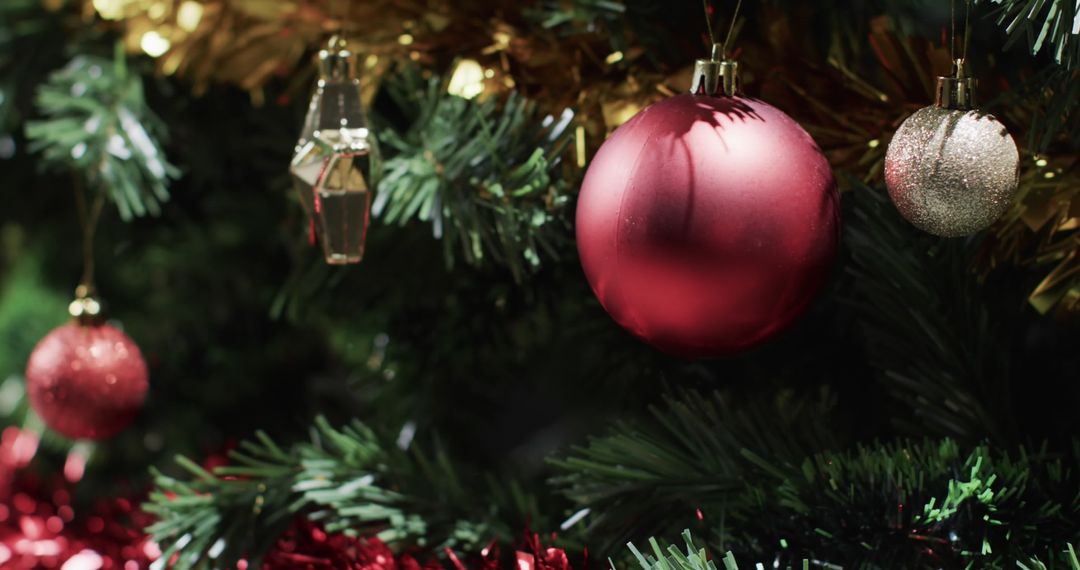 Close-up of Colorful Christmas Ornaments on Festive Tree