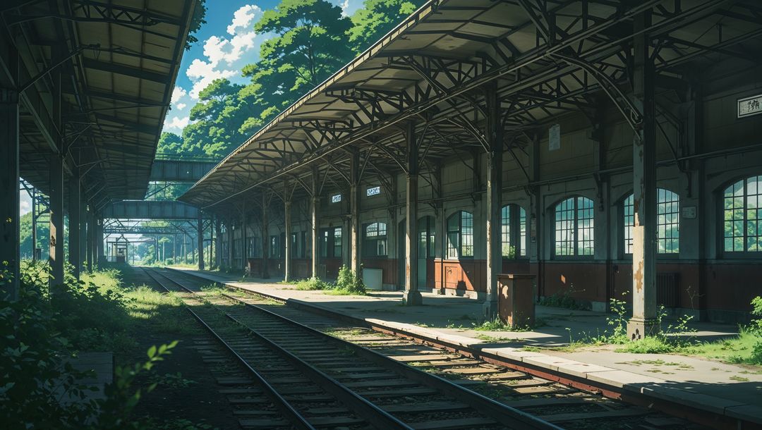 Anime abandoned railway station with overgrown tracks and rusted platform