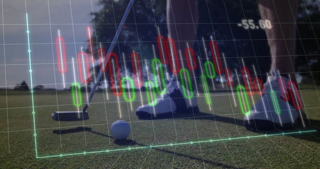 Golfer Analyzing Precision with Financial Data Overlay on Green