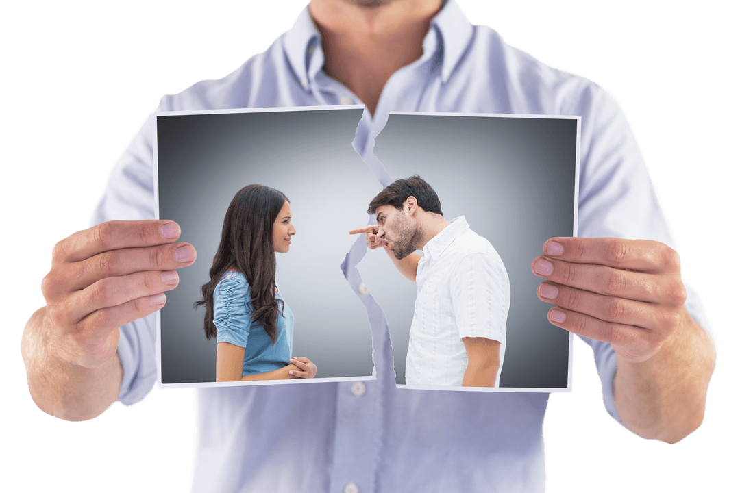 Man Holding Torn Photo of Arguing Couple on Transparent Background