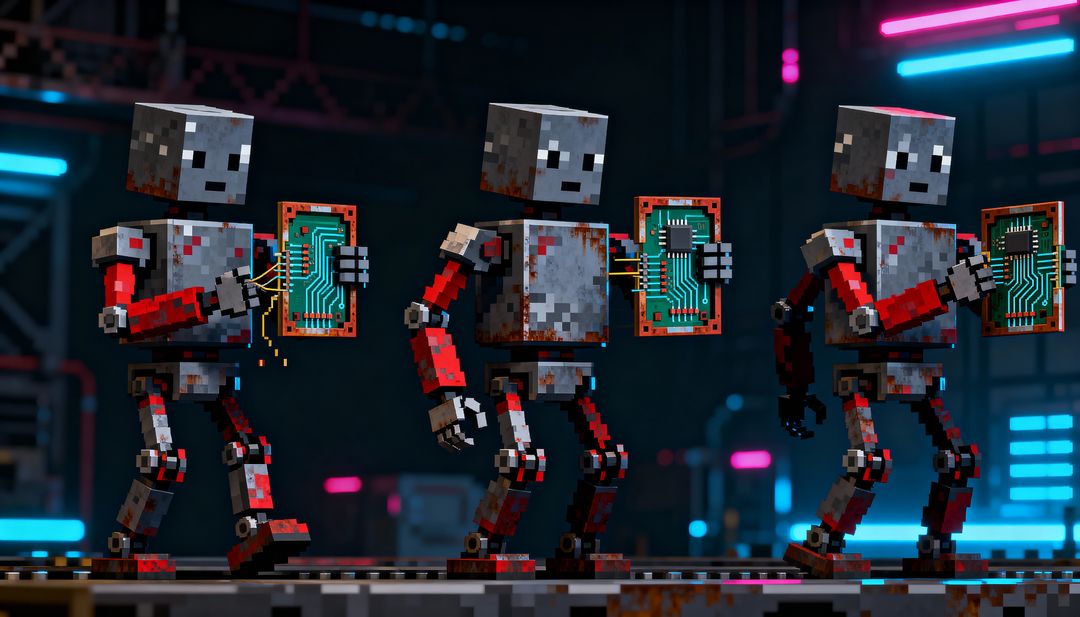 Synchronized Voxel Robots Walking with Circuit Boards in Neon Industrial Assembly Bay