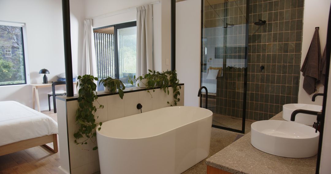 Elegant Open-Plan Bathroom with Views from Modern Oasis