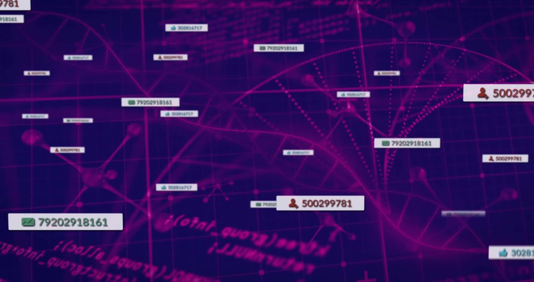 Neon Network Visualization Showing User ID Nodes, Dataflow, Analytics on Purple Grid