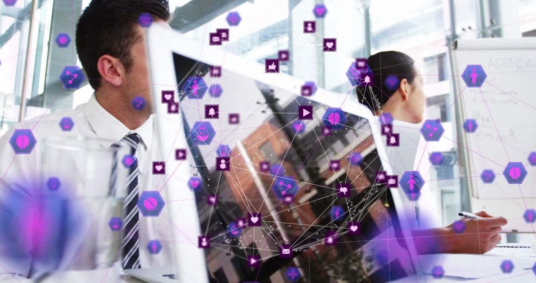 Business Professionals with Digital Interfaces and Global Network Icons