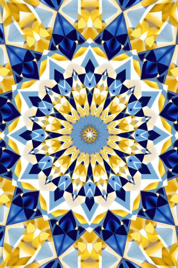 Intricate Geometric Kaleidoscope Pattern in Blue and Yellow - Free Images, Stock Photos and Pictures on Pikwizard.com