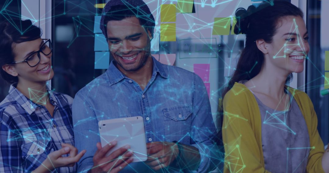 Smiling Colleagues Collaborate with Digital Connections Overlay