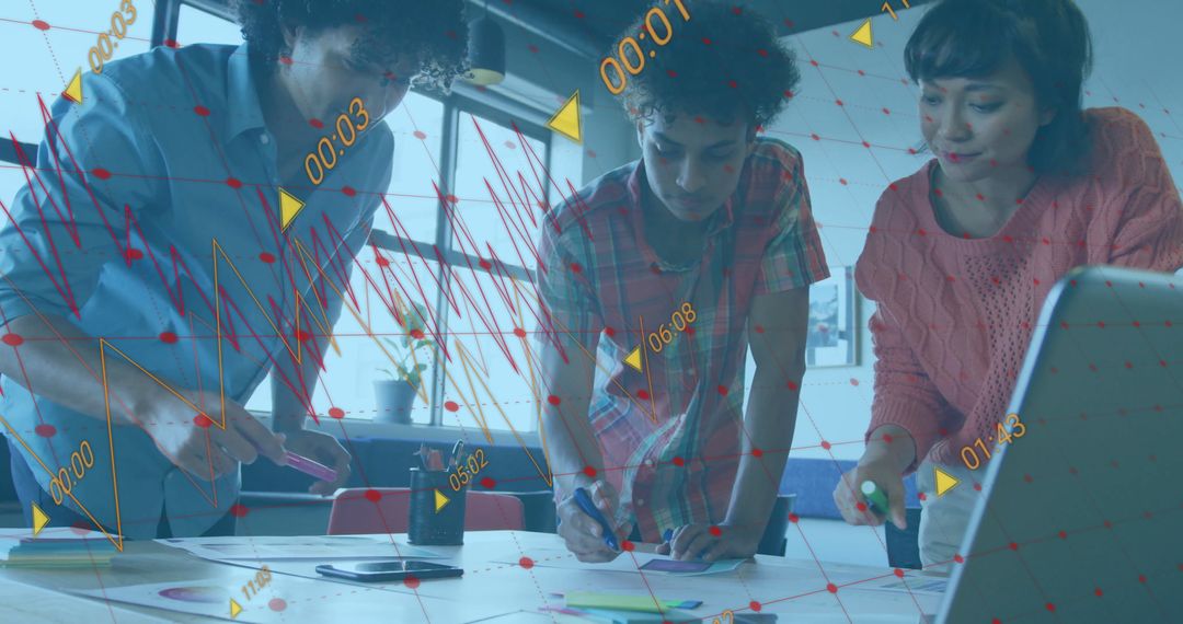 Creative Office Team Collaborating with Innovative Digital Analytics Overlay