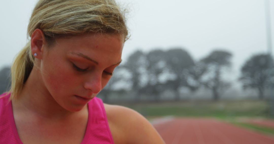 Focused Female Athlete Preparing for Track Run - Free Images, Stock Photos and Pictures on Pikwizard.com