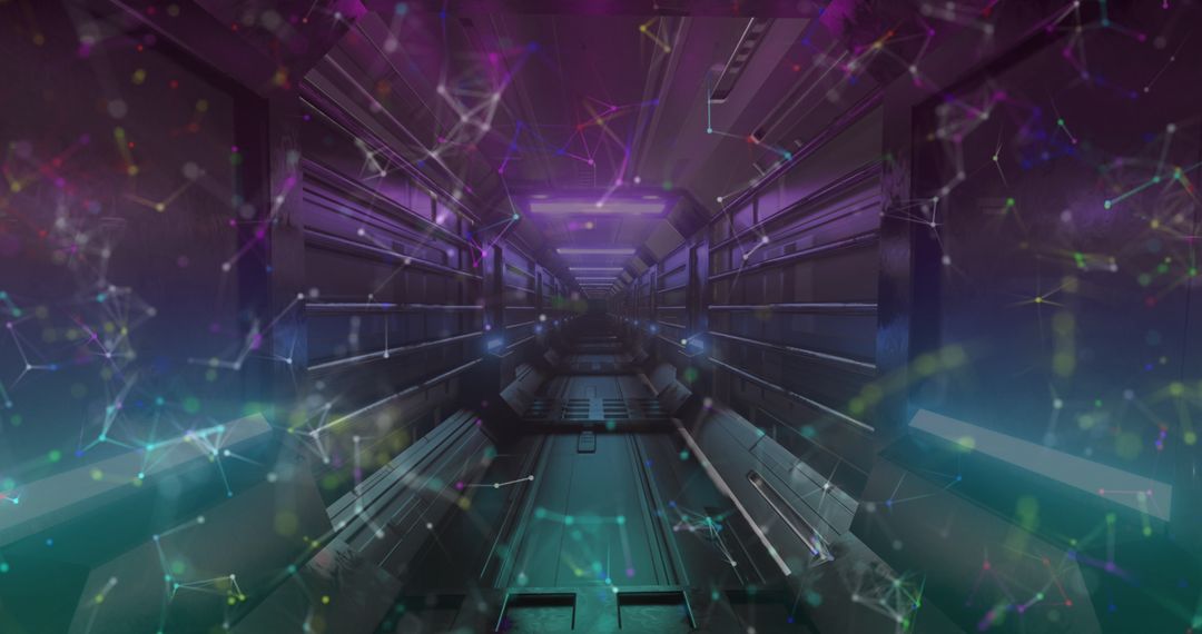 Futuristic Neon Tunnel with Network Connections Overlay