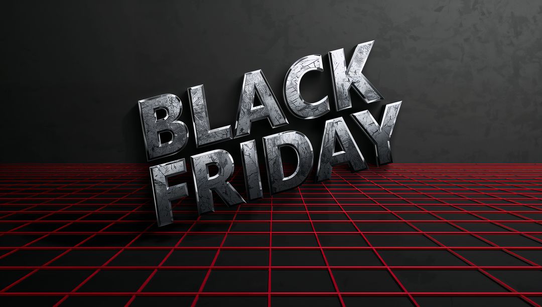 Metallic Black Friday 3D Typography on Red Grid Glossy Floor for Dramatic Sale Promo