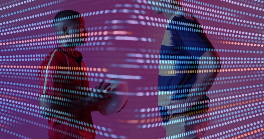 Two Male Athletes Facing Off Against Digital Pulse Light Backdrop
