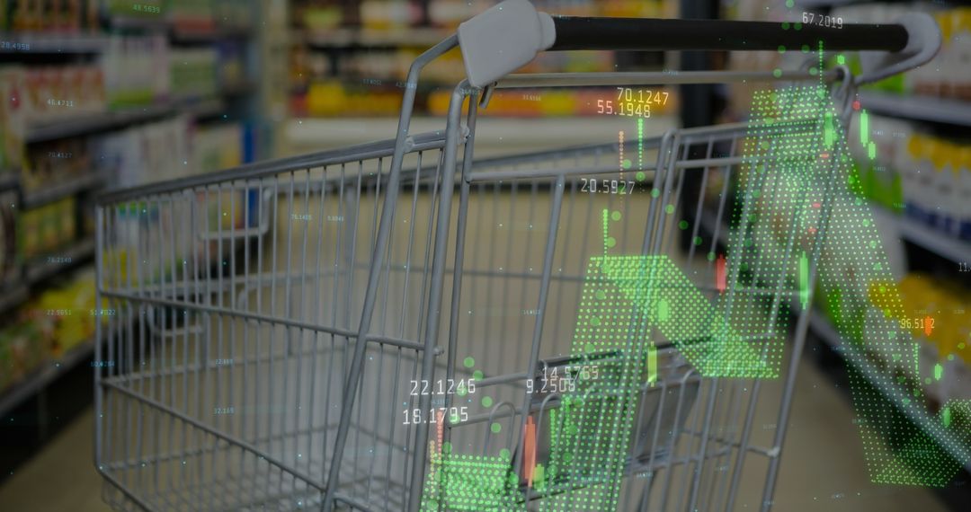 Digital Data Hologram Over Empty Shopping Cart in Supermarket Aisle
