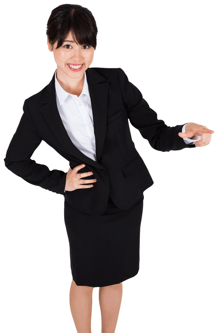 Asian Businesswoman Pointing on Transparent Background with Smile