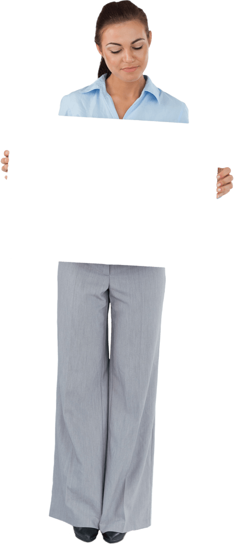 Businesswoman Holding Transparent Blank Sign for Customization