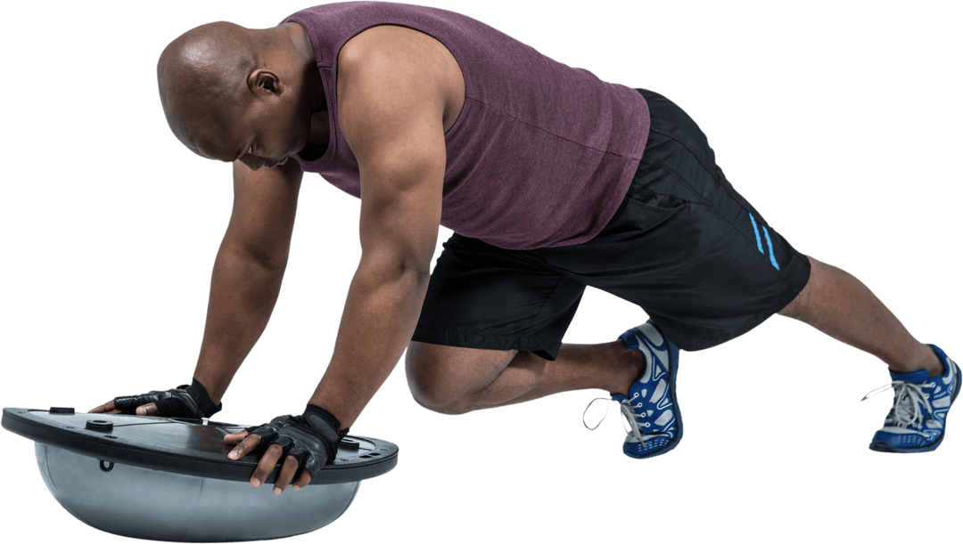 Fit Man Performing Push-up with Transparent Bosu Ball