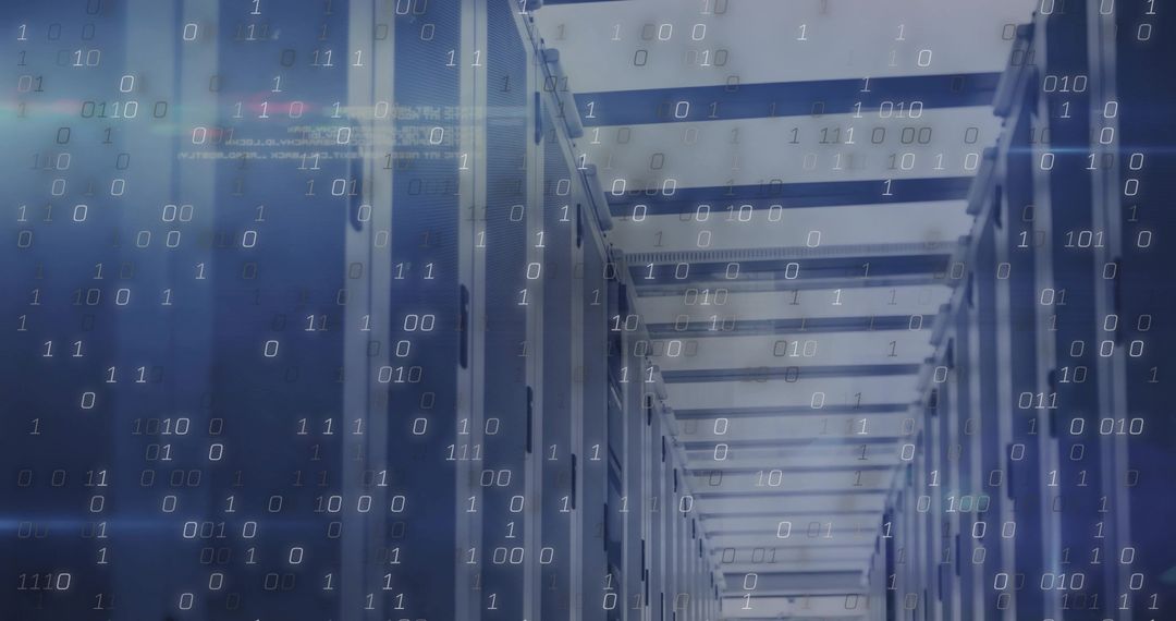 Futuristic Data Center with Server Racks and Digital Overlay in Blue Ambiance