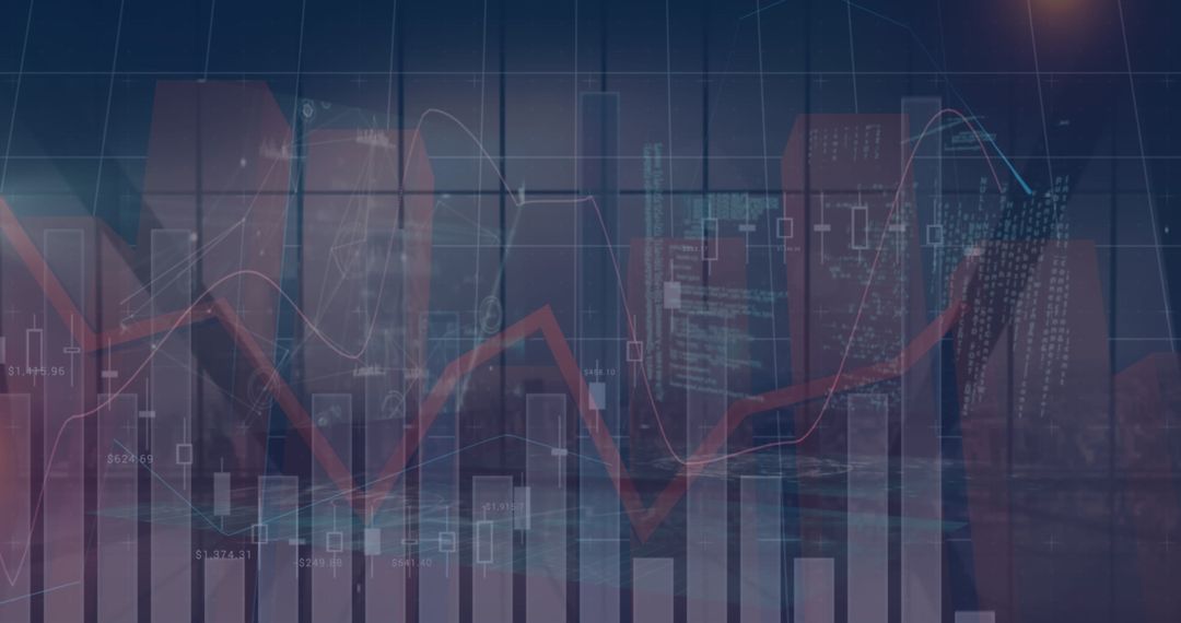Financial Data and Graphs Overlaying a Cityscape