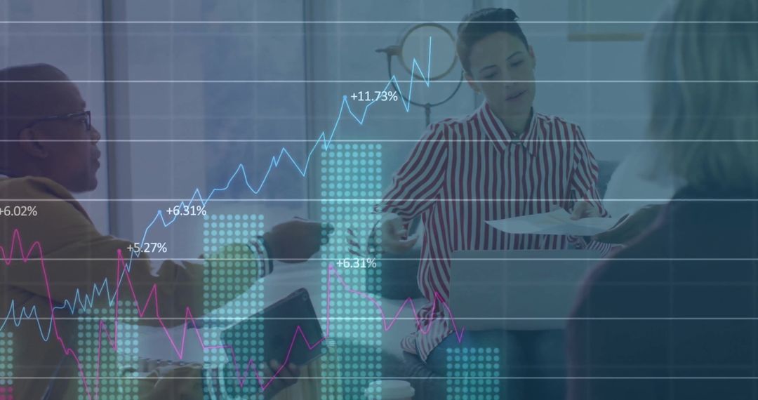 Business Team Collaborating with Digital Finance Graph Overlay