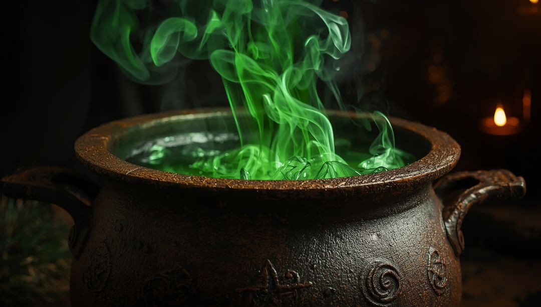 Mystical Cauldron Emitting Enchanting Green Potion Smoke