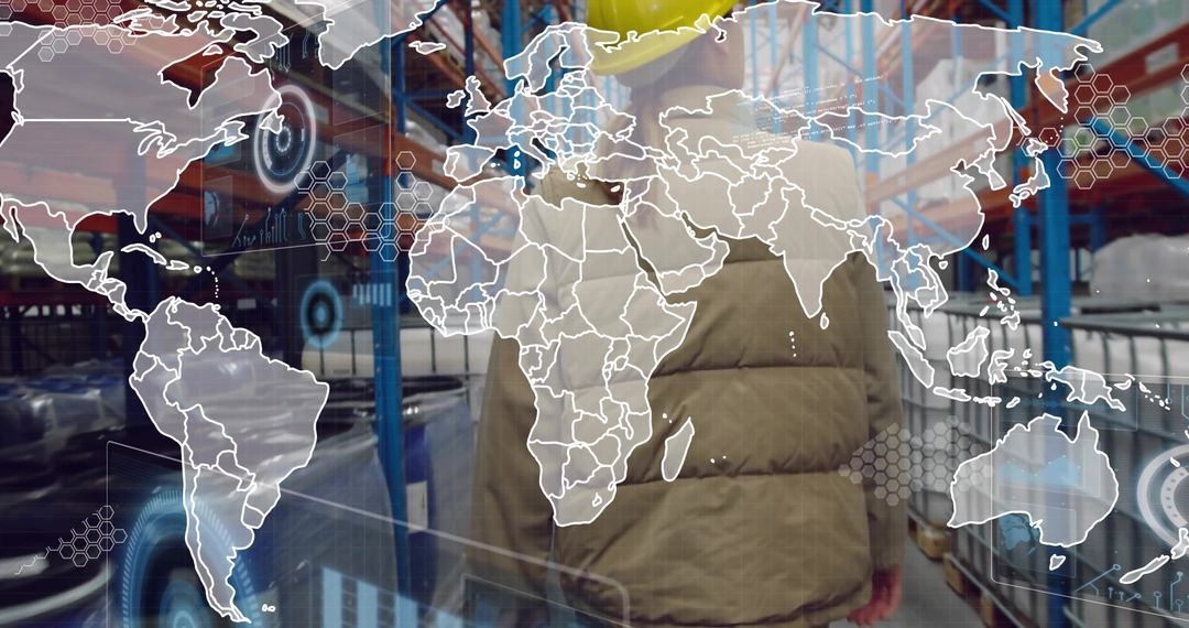 Warehouse worker wearing hard hat walking storage aisle with digital logistics overlay