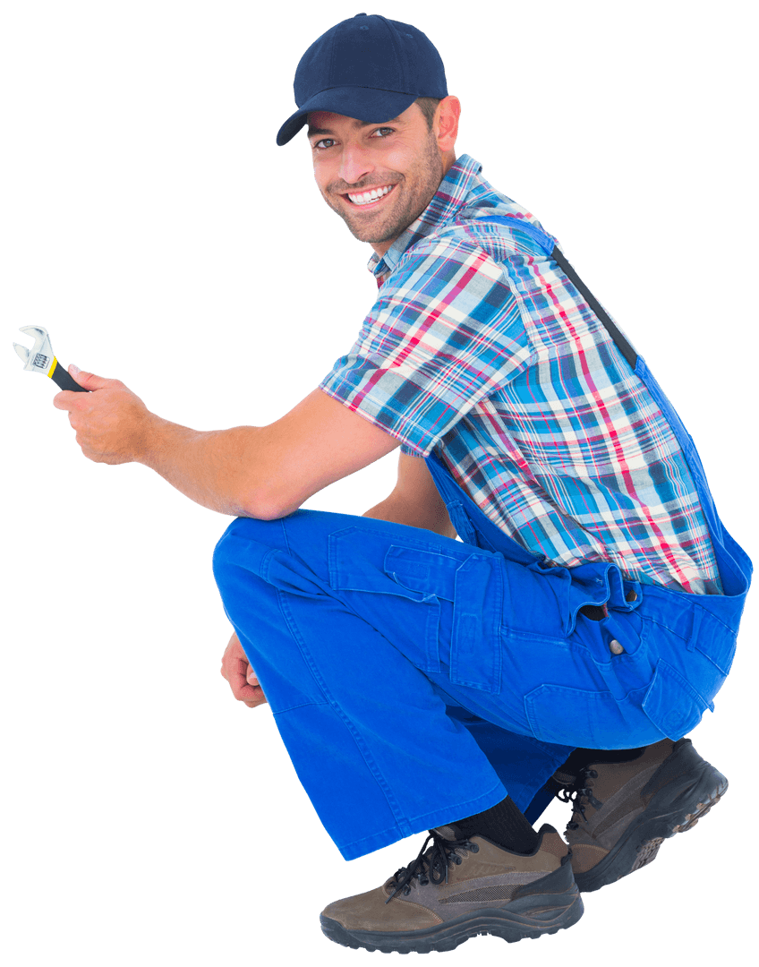 Transparent Happy Handyman Holding Wrench Smiling