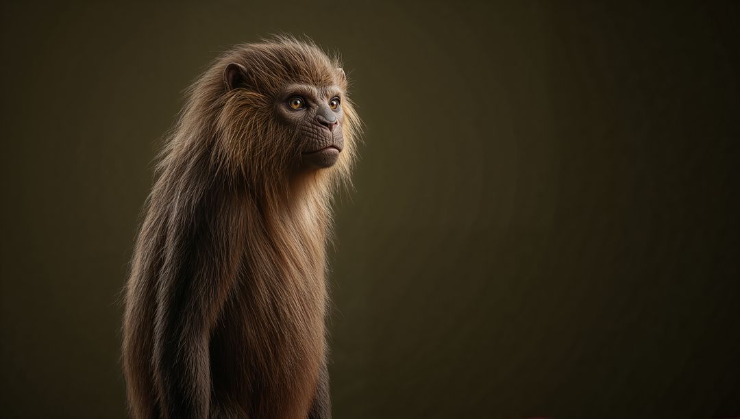 Poised Simian Portrait in Olive Green Space