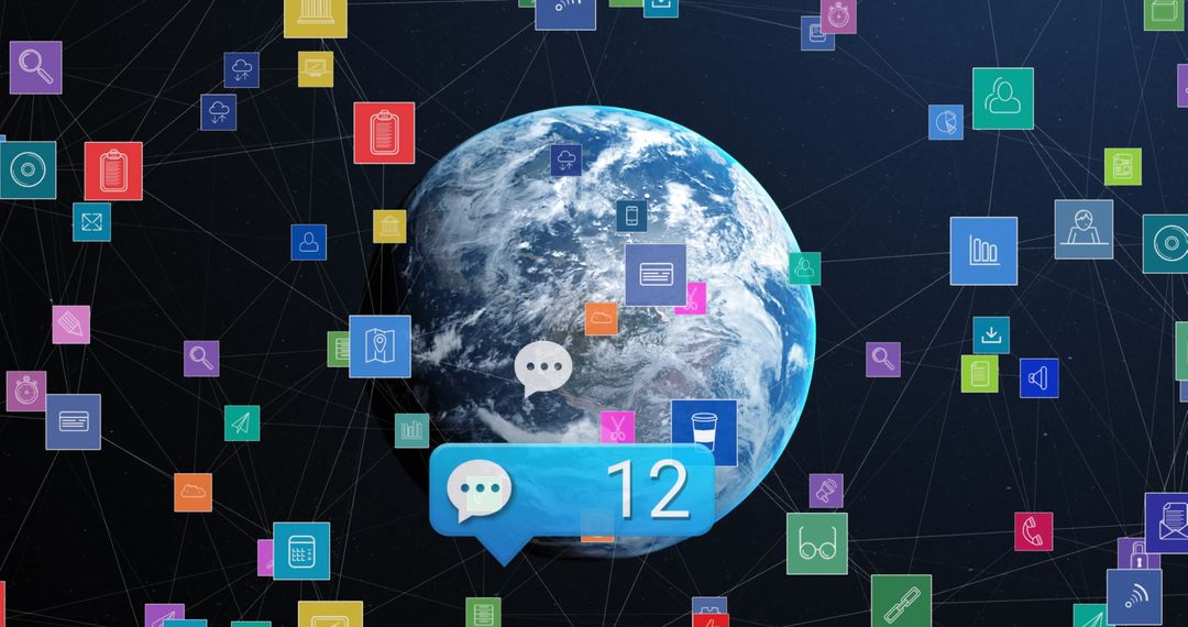 Vibrant Icons Floating Around Earth Illustrating Global Communication