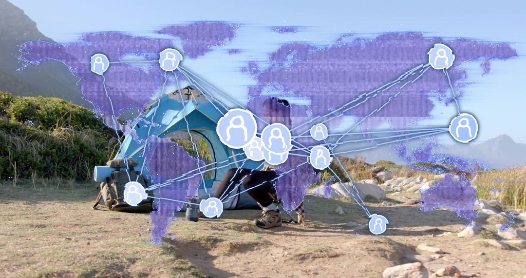 Hiker Preparing for Adventure with Global Network Connections