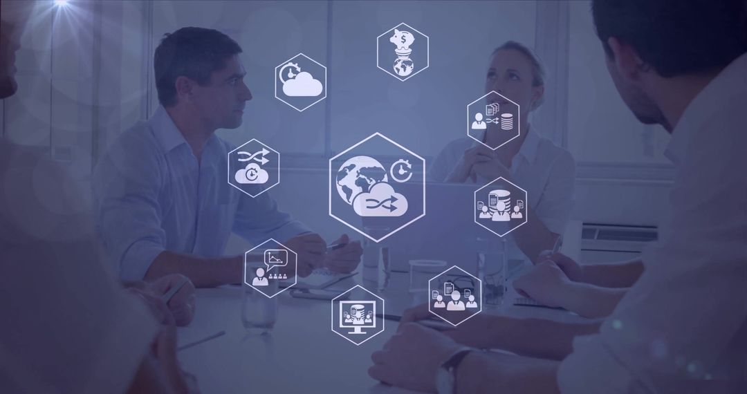 Global Business Team Analyzing Data with Futuristic Network Overlay