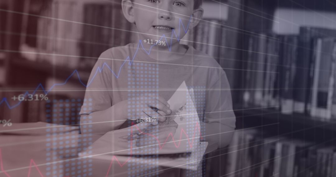 Child Learning Finance Concepts with Chart in Library