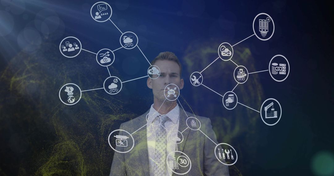 Businessman presenting holographic global network and data connectivity corporate icons