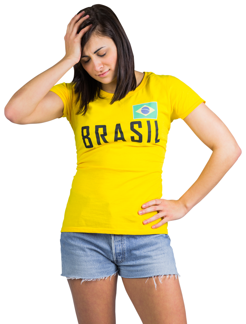 Upset Female Football Fan in Transparent Brazil T-shirt with Hand on Head - Download Free Stock Images Pikwizard.com