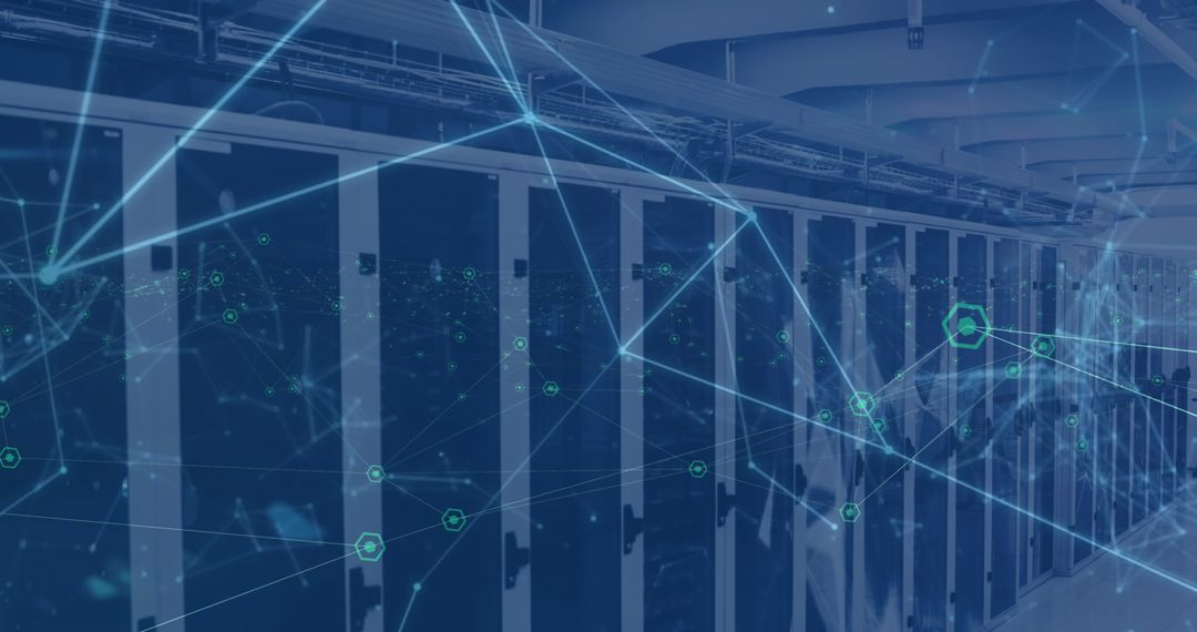 Futuristic Server Room with Digital Interface and Network Connections Overlay