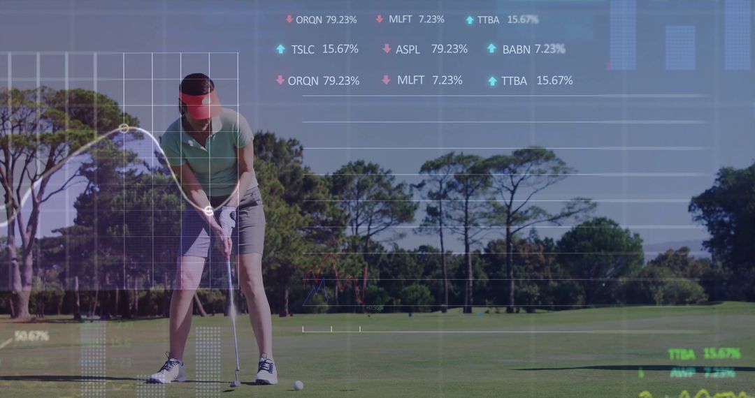 Golfer with Overlays Illustrating Sports Data Insights on Fairway