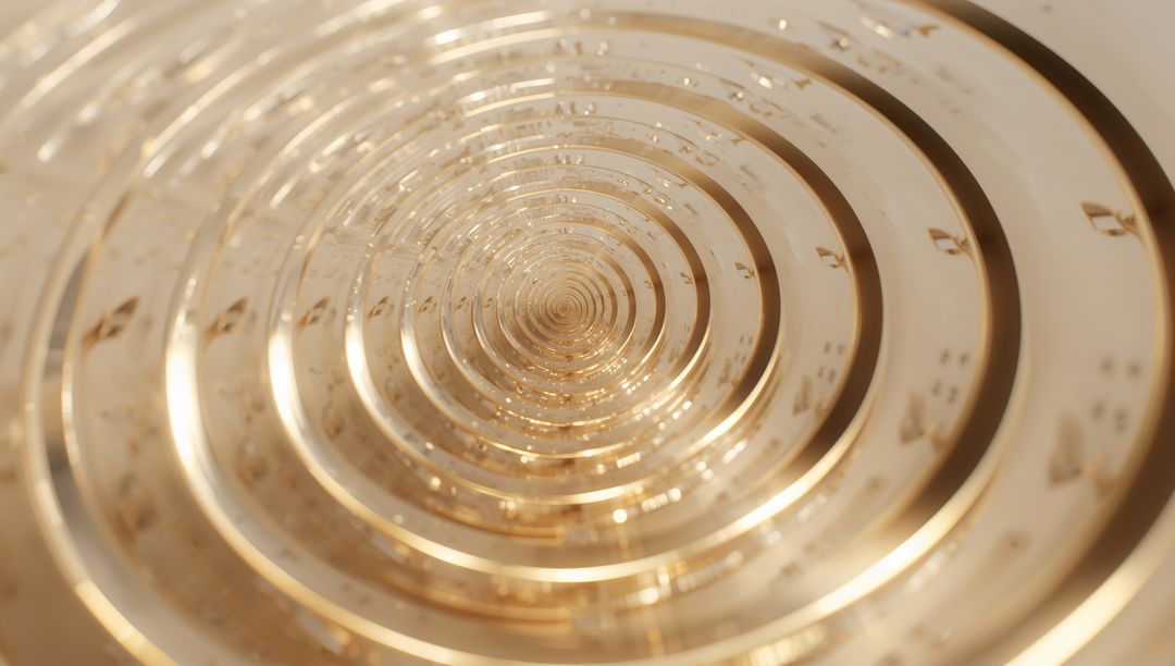 Spiraling Gold Ring Tunnel with Reflective Flecks Creating Glossy Concentric Luxury Vortex