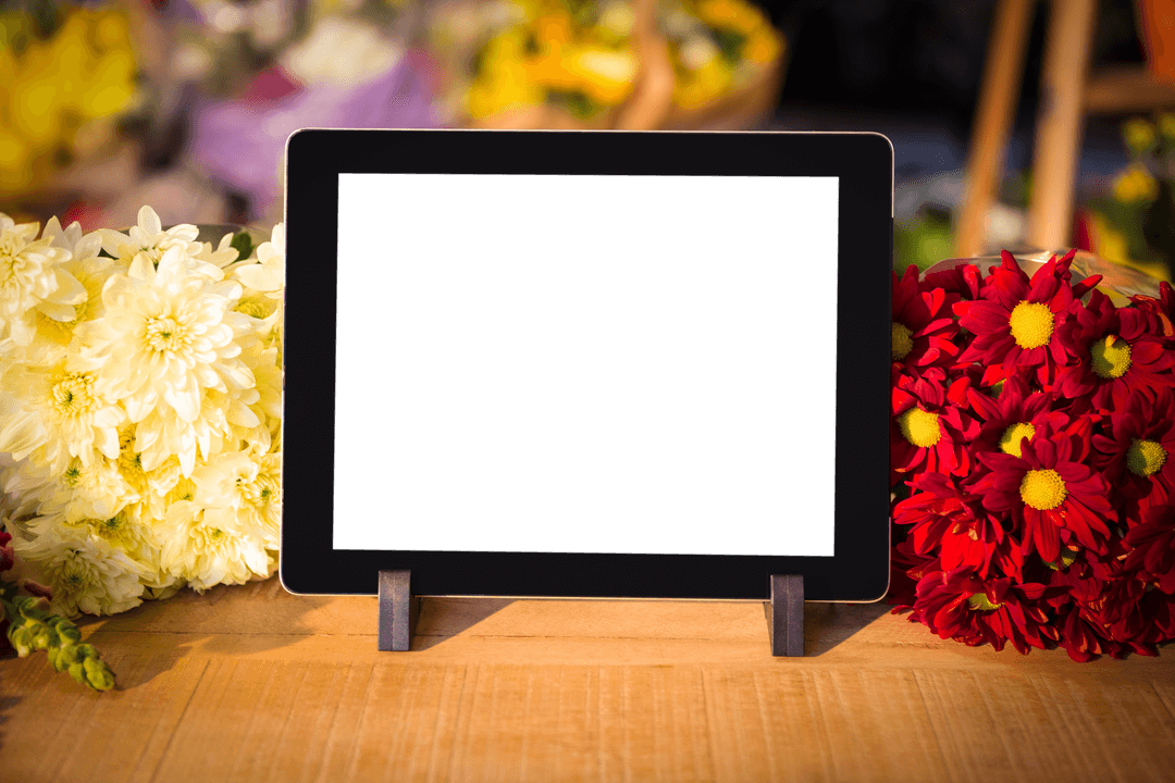 Transparent Digital Tablet Display Surrounded by Colorful Flowers