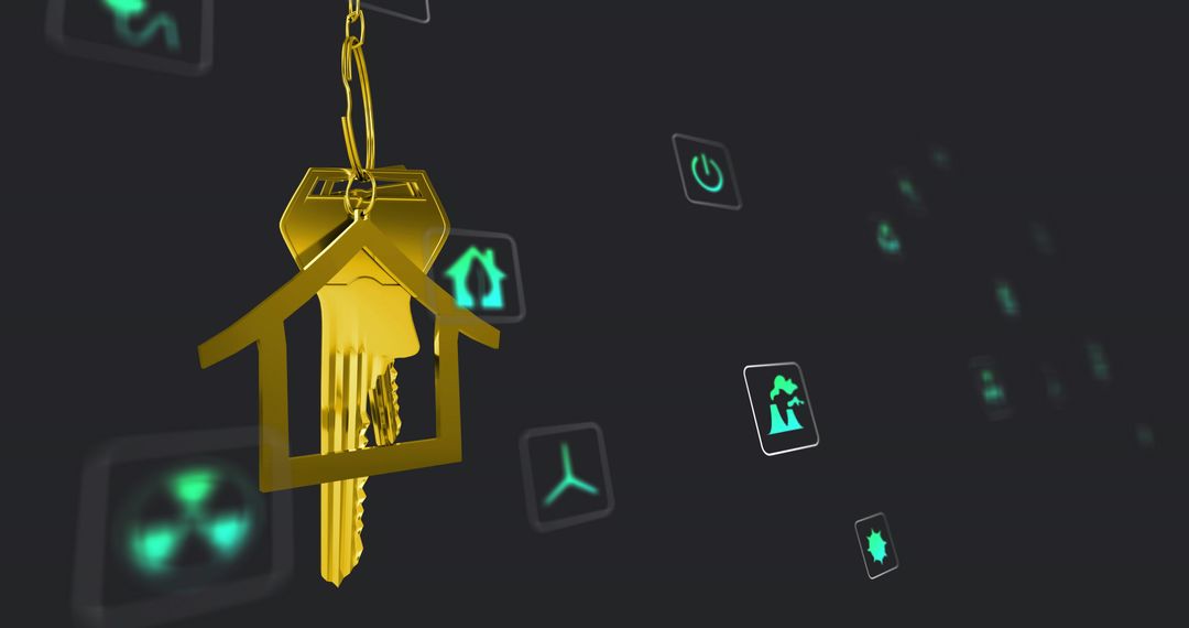 Shining gold house keychain holding keys over dark tech background with teal glyphs