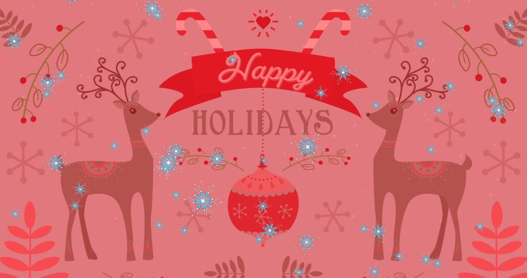 Christmas Greeting with Reindeer and Snowflakes on Red Background